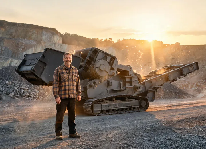 Founder and quarry operator beside tracked jaw crusher