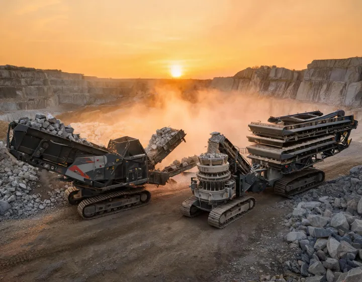 Tracked jaw crusher feeding cone and vibrating screen on quarry haul road
