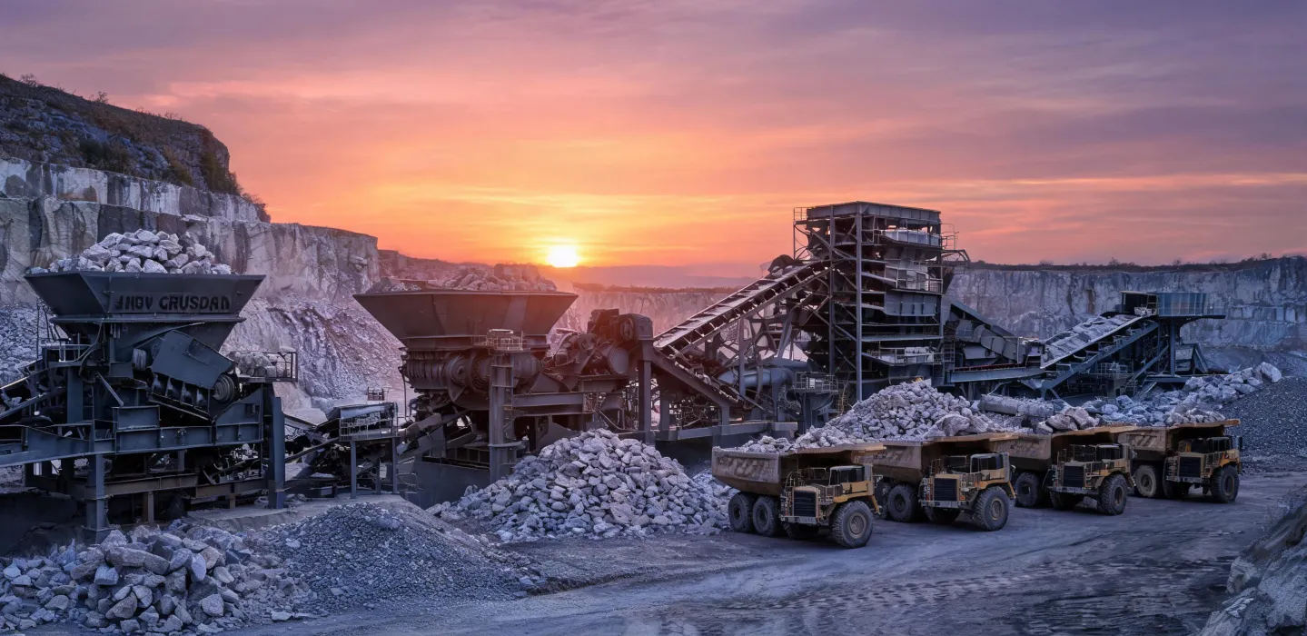 Quarry crushing fleet at dusk with haul trucks