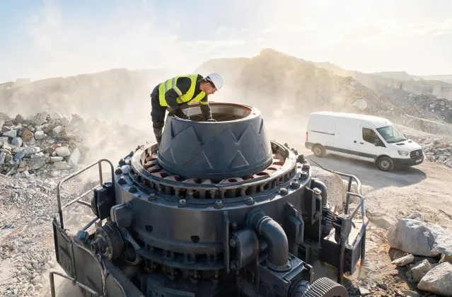 Field technician inspecting cone crusher on quarry pad